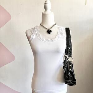 White‎ Lace Trim Tank Top, Coquette Cottagecore Romantic Vintage Medium